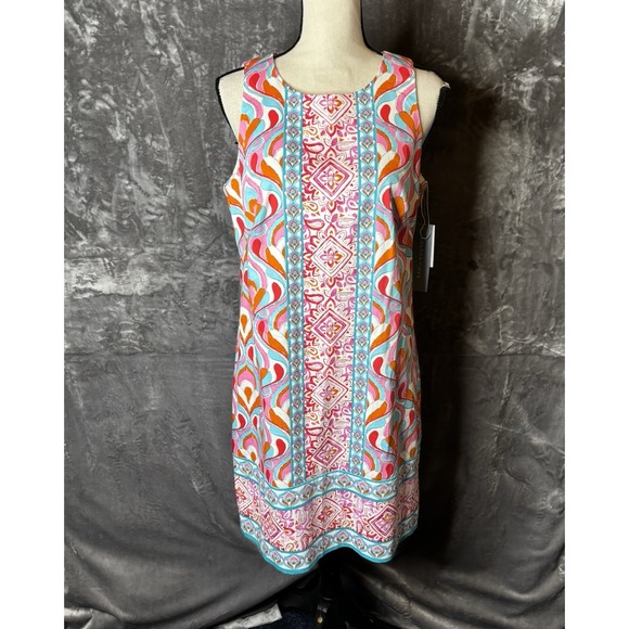 London Times Dress Size 10 White Aqua Sheath Sleeveless Lined Back Zip NEW - Picture 2 of 13